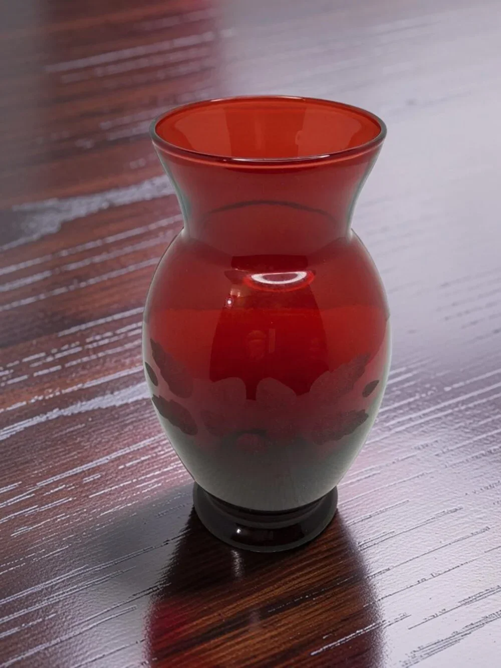 vintage anchor hocking ruby red etched flower glass vase
